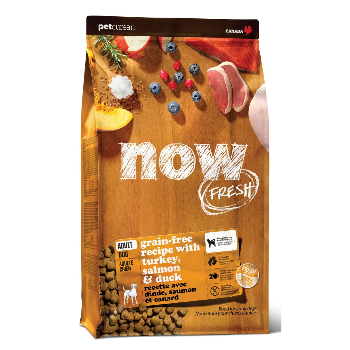 A front view of Now Fresh Grain Free Adult Recipe Turkey, Salmon, and Duck Dog Food on a white background