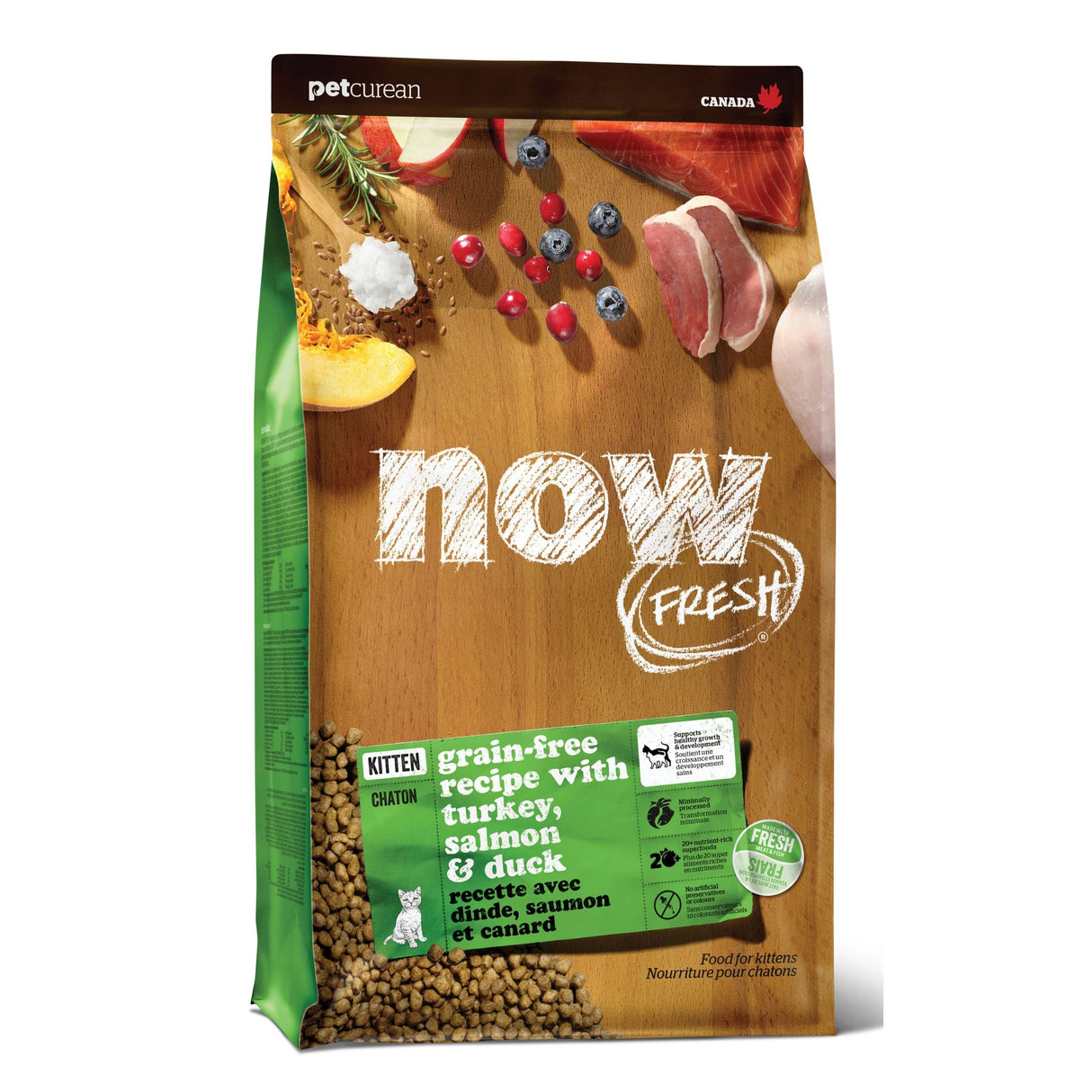 A front view of Now Fresh Grain Free Kitten Recipe Turkey, Salmon, and Duck Cat Food on a white background