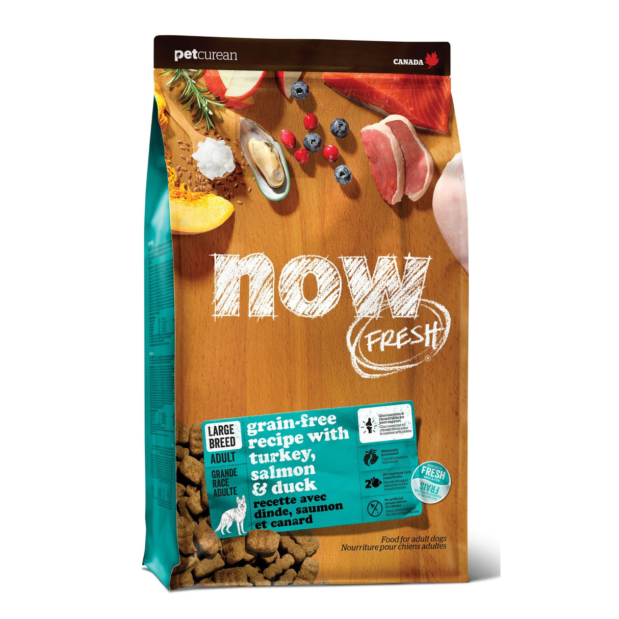 A front view of Now Fresh Grain-Free Large Breed Dog Recipe Turkey, Salmon, and Duck Dog Food on a white background