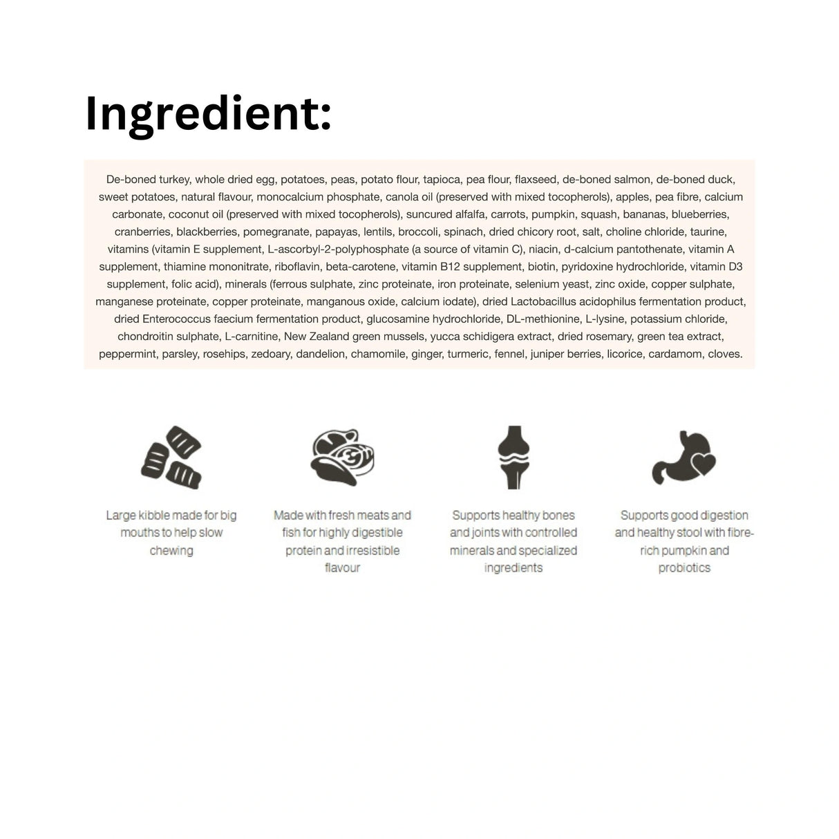 Ingredient breakdown of Now Fresh Large Breed Dog Food, featuring icons for key nutrients