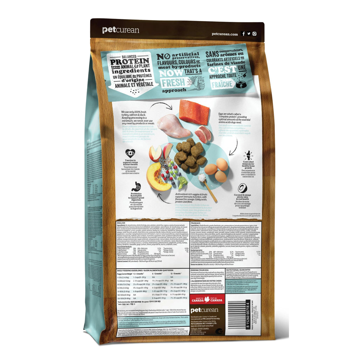 A back view of Now Fresh Grain Free Large Breed Puppy Recipe Turkey, Salmon, and Duck Dog Food on a white background