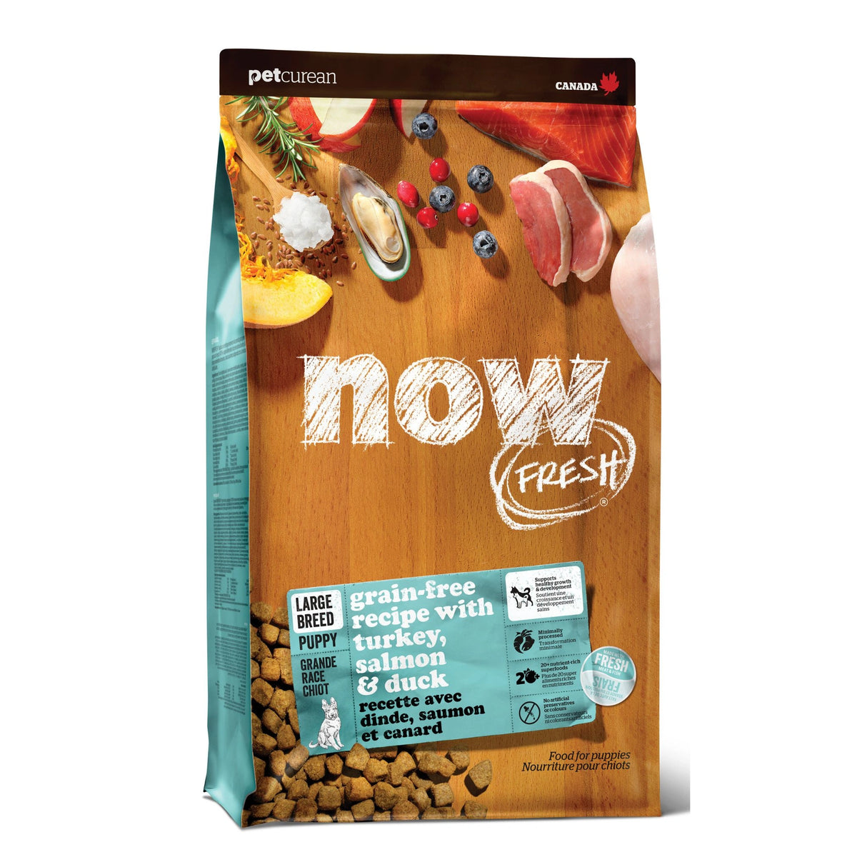 A front view of Now Fresh Grain Free Large Breed Puppy Recipe Turkey, Salmon, and Duck Dog Food on a white background