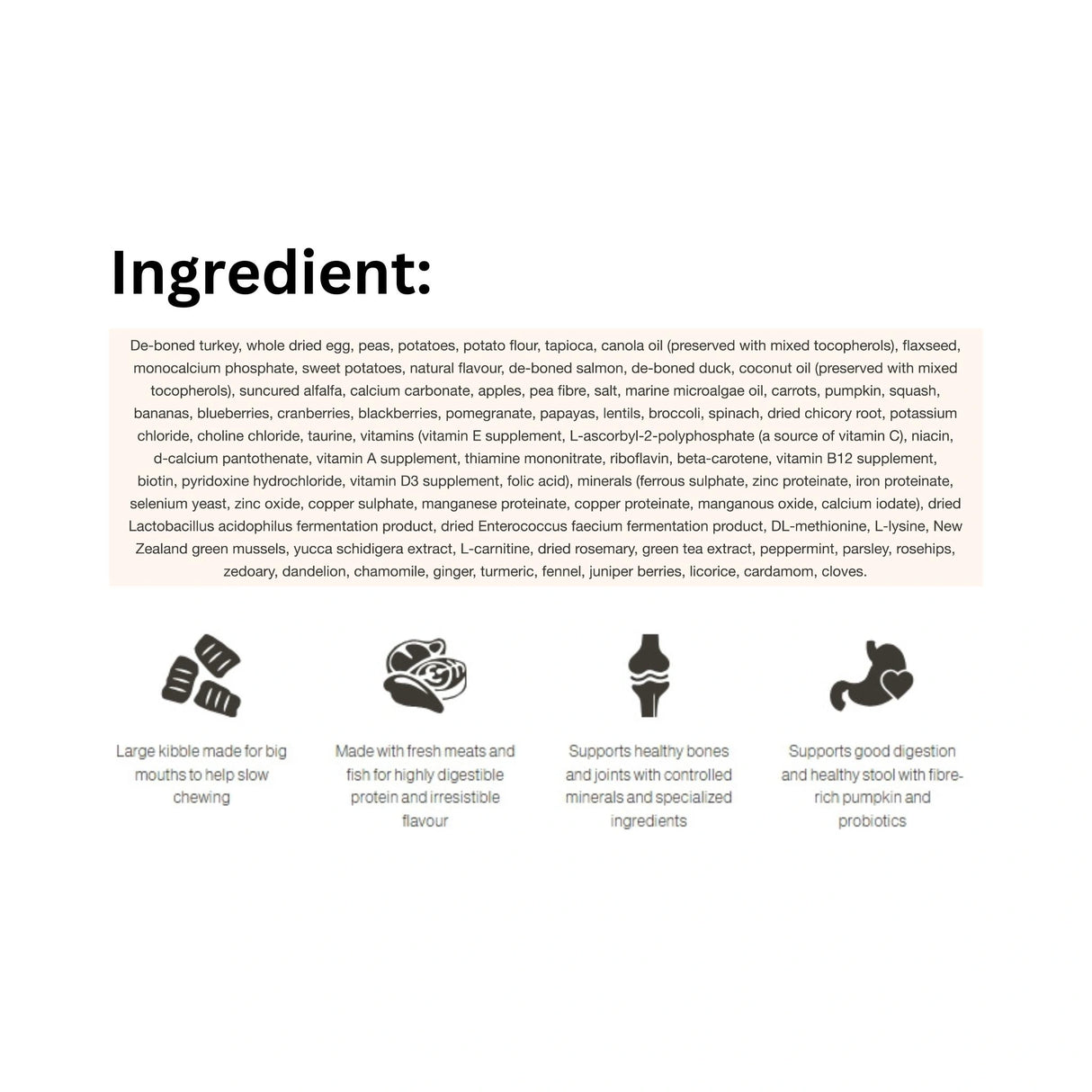 A list of ingredients in Now Fresh Grain Free Large Breed Puppy Recipe Turkey, Salmon, and Duck Dog Food with icons