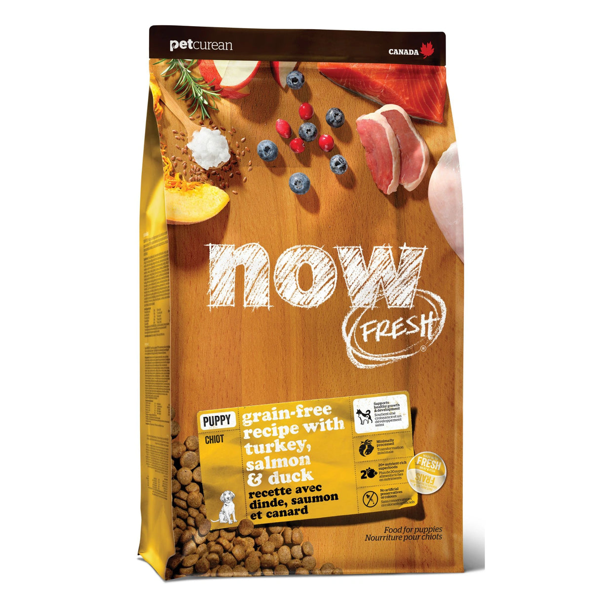 A front view of Now Fresh Grain Free Puppy Recipe Turkey, Salmon, and Duck Dog Food on a white background