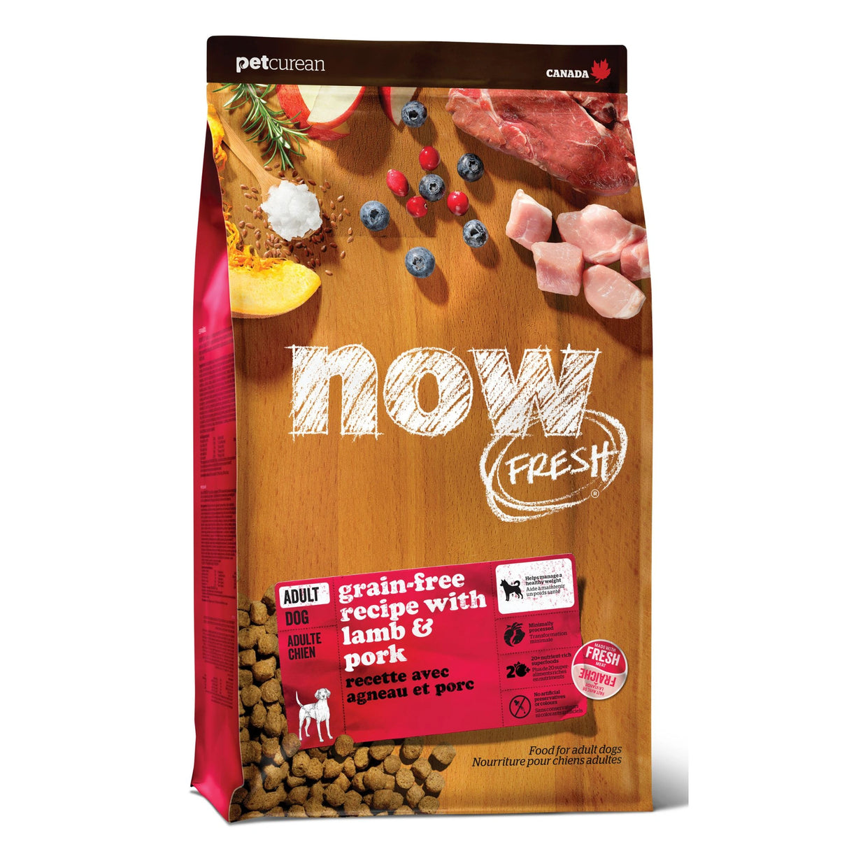 A front view of Now Fresh Grain Free Red Meat Adult Recipe Lamb and Pork Dog Food on a white background