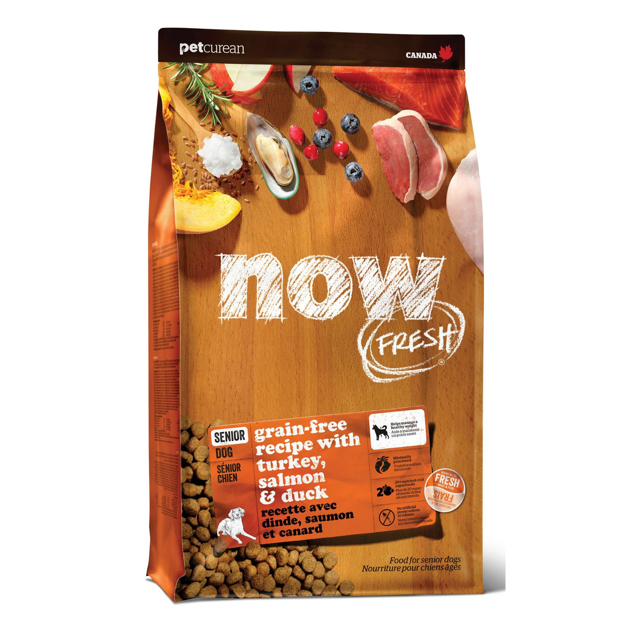 A front view of Now Fresh Grain Free Senior Recipe Turkey, Salmon, and Duck Dog Food on a white background