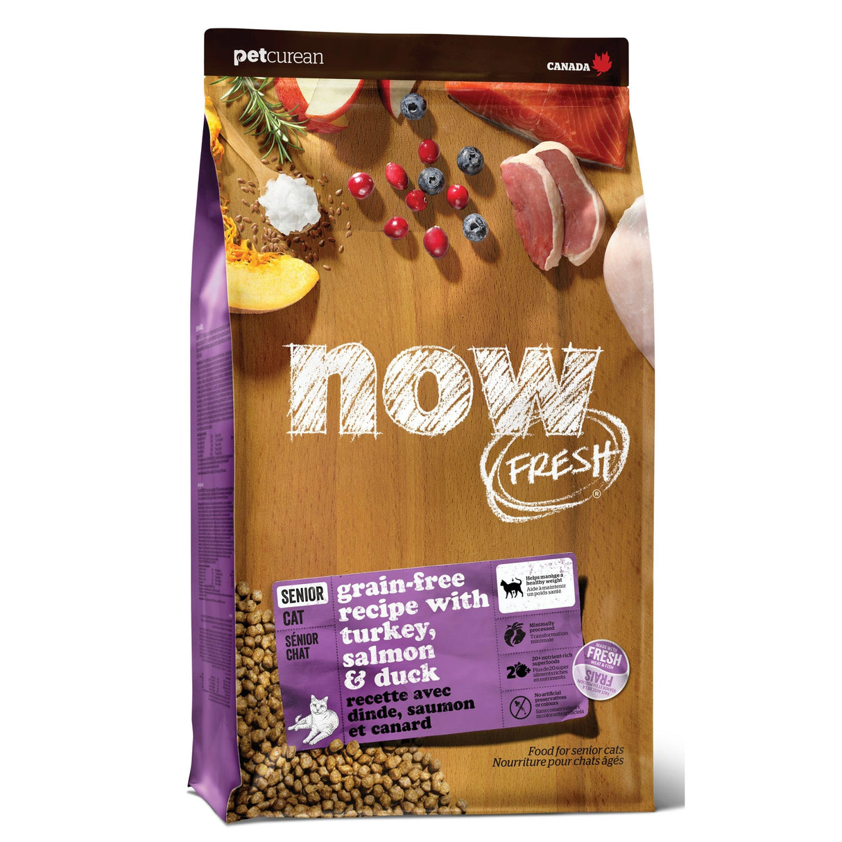 A front view of Now Fresh Grain-Free Senior Turkey, Salmon and Duck Cat Food on a white background