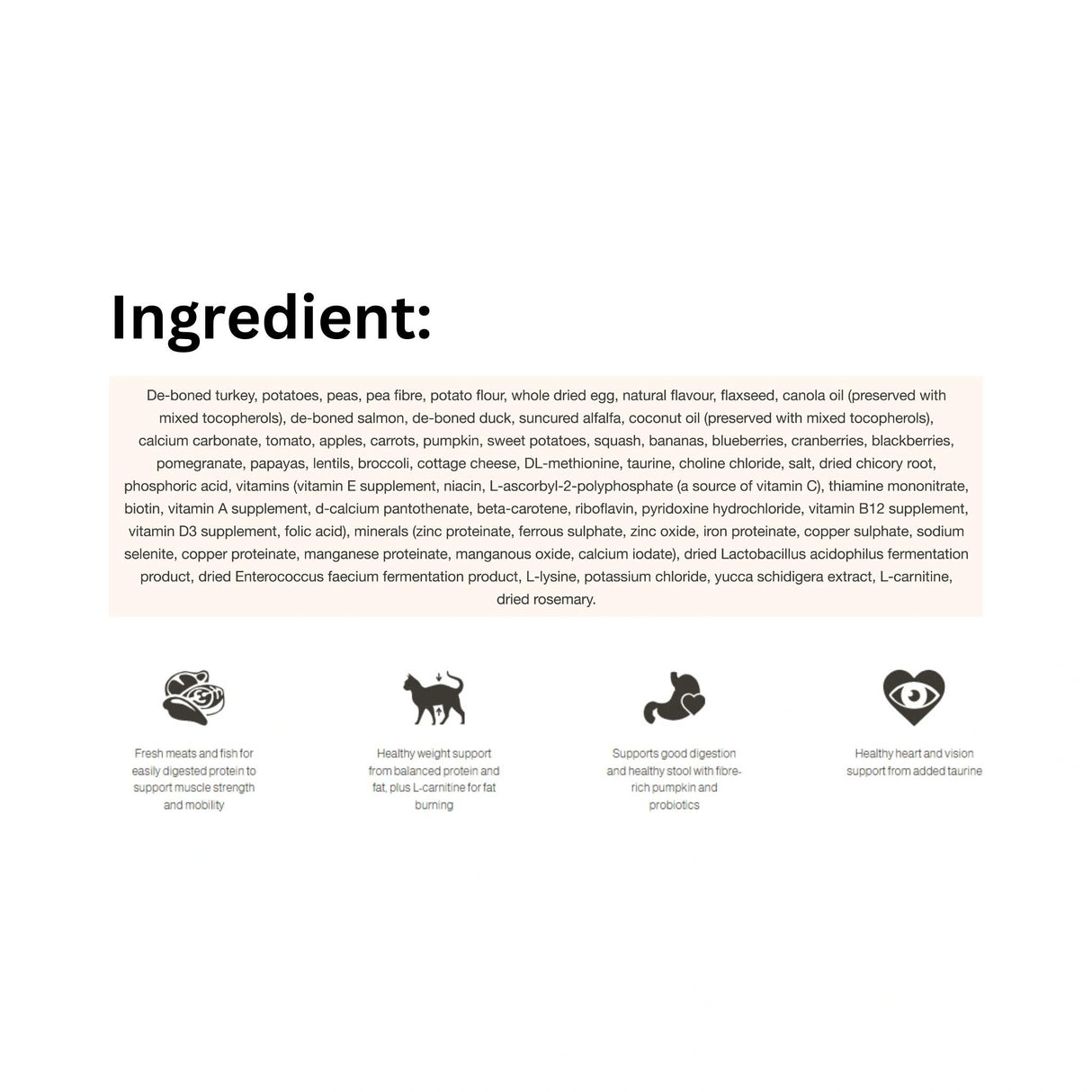 List of ingredients in Now Fresh Grain-Free Senior Turkey, Salmon and Duck Cat Food, with ingredient icons
