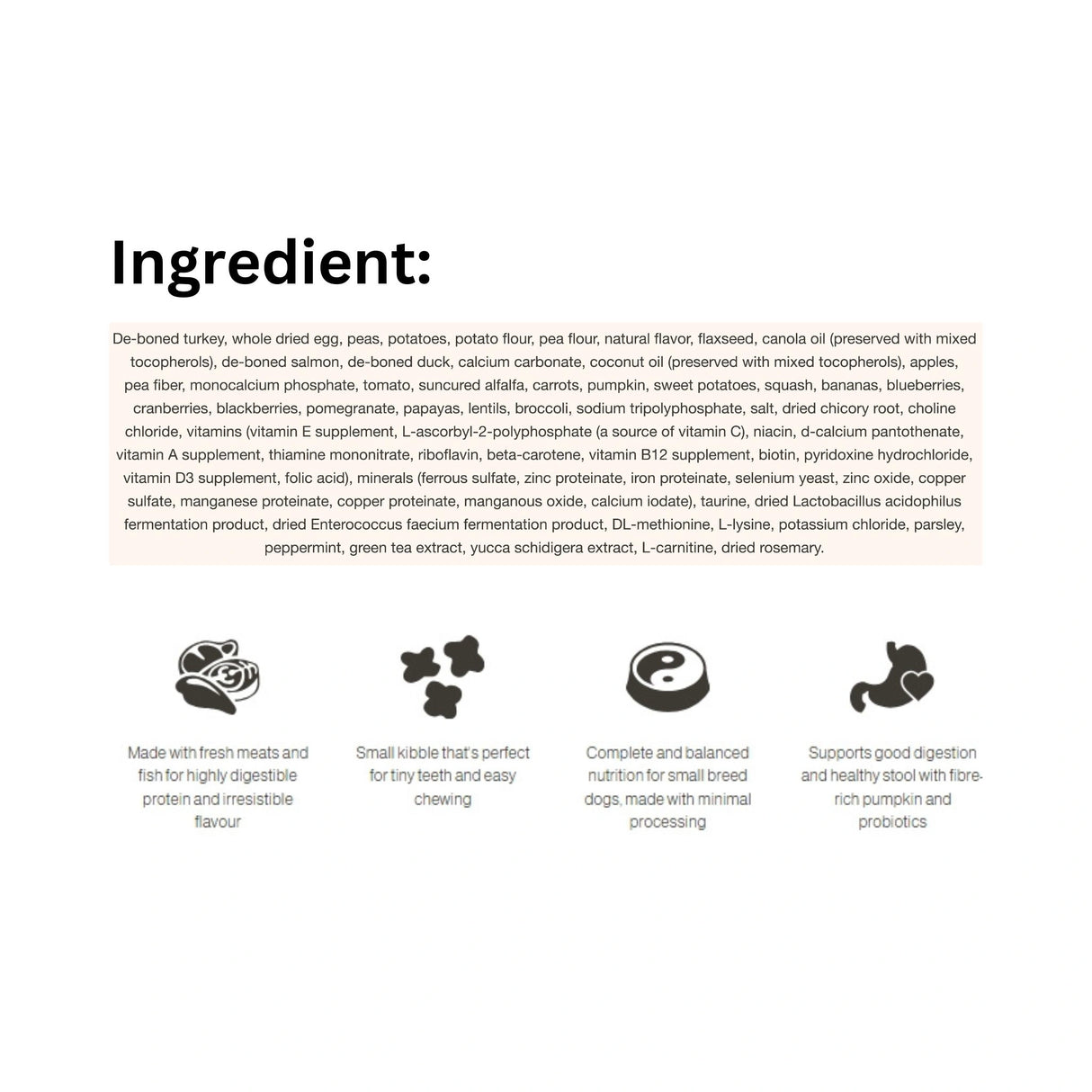 Ingredient list of Now Fresh Grain Free Small Breed Adult Recipe Turkey, Salmon, and Duck Dog Food with icons