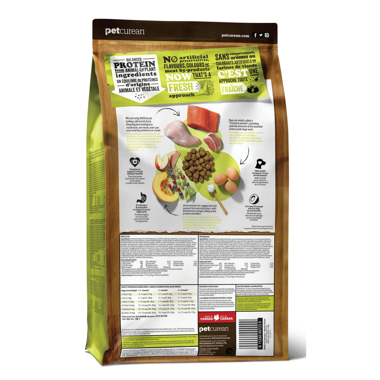 A back view of Now Fresh Grain Free Small Breed Puppy Recipe Turkey, Salmon, and Duck Dog Food on a white background