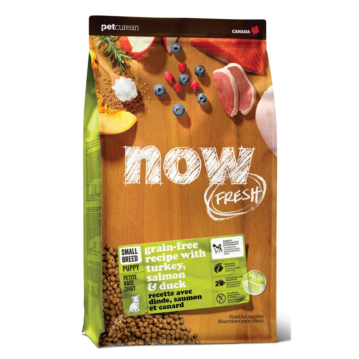 A front view of Now Fresh Grain Free Small Breed Puppy Recipe Turkey, Salmon, and Duck Dog Food on a white background