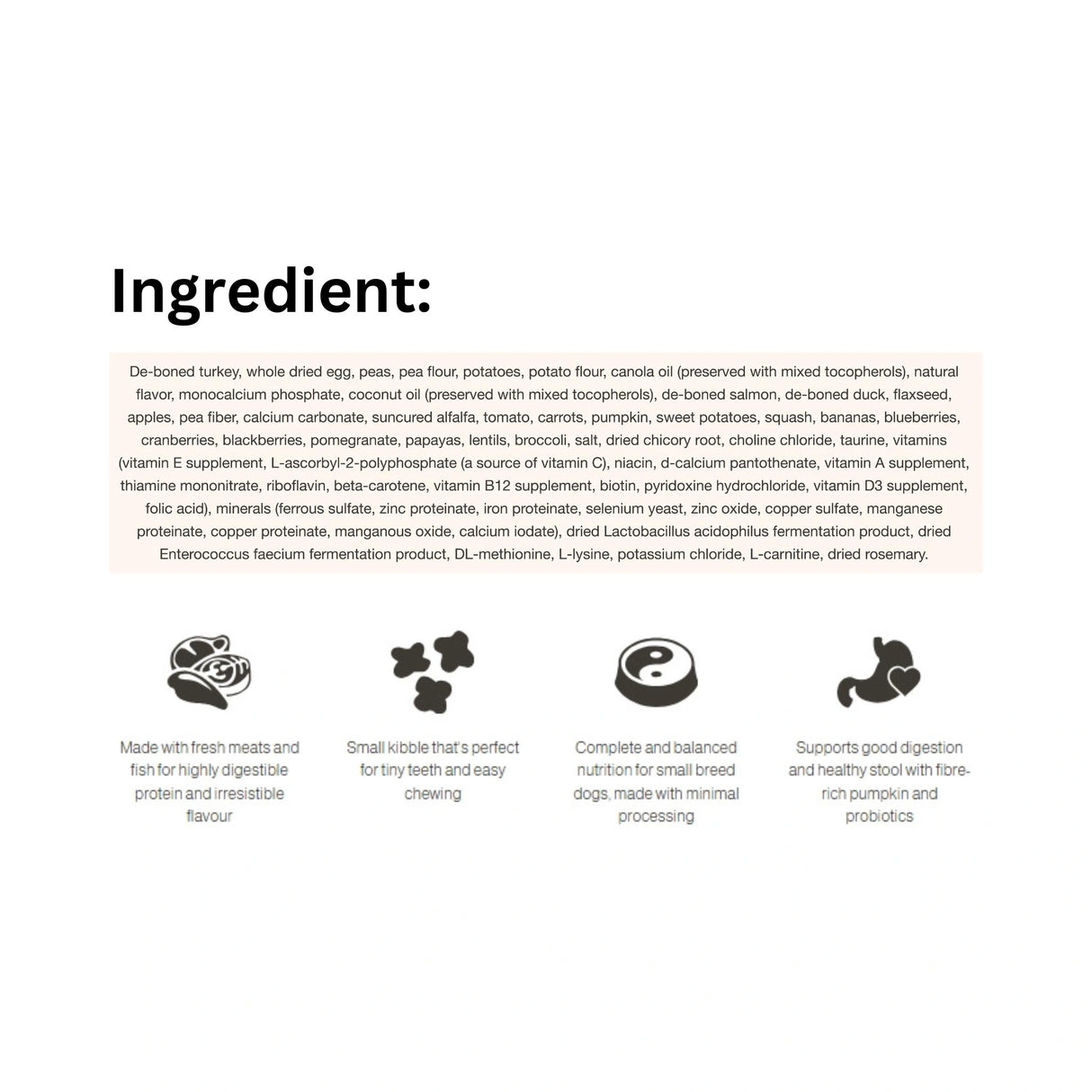 visual list of ingredients in Now Fresh Grain Free Small Breed Puppy Recipe Turkey, Salmon, and Duck Dog Food with icons