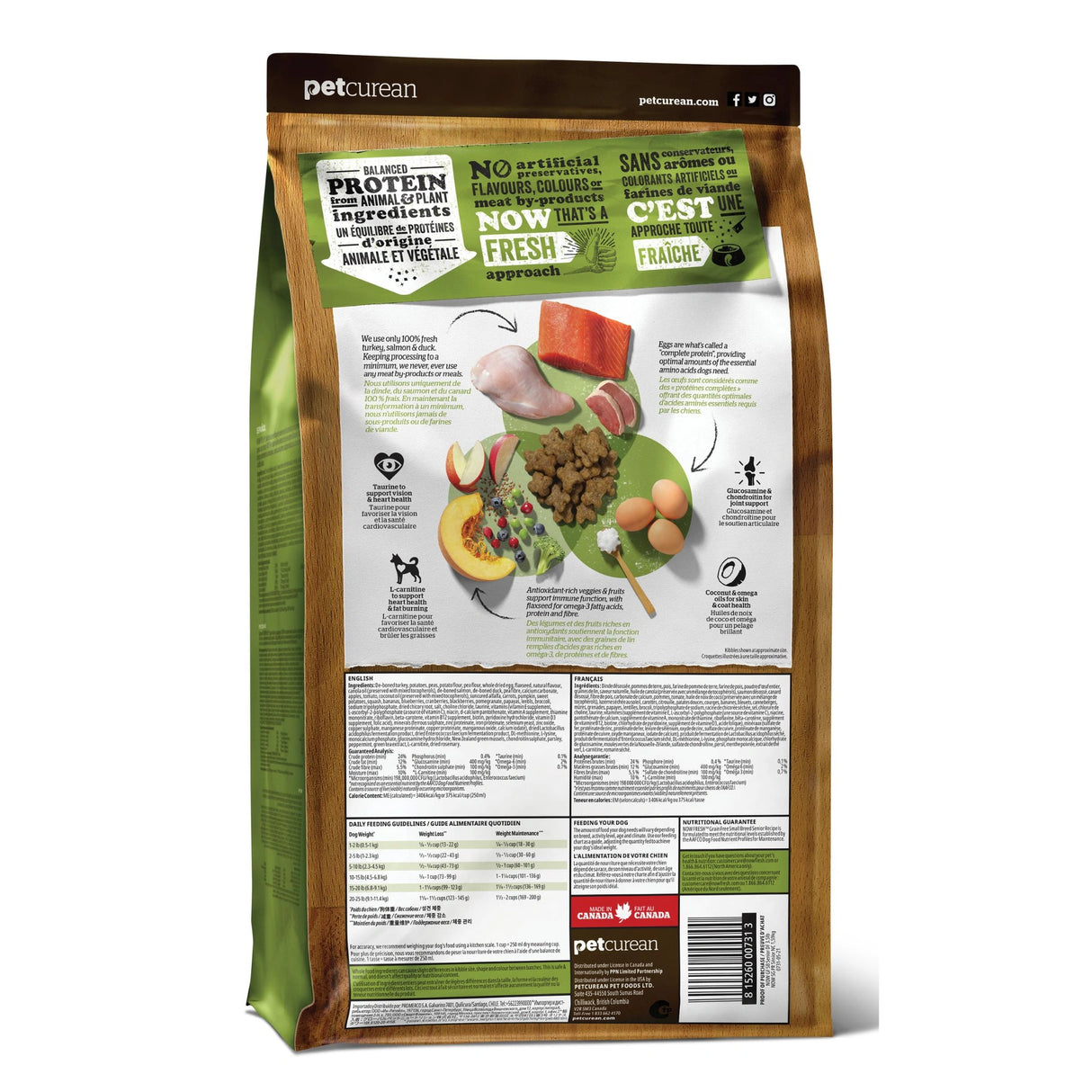 A back view of Now Fresh Grain Free Small Breed Senior Recipe Turkey, Salmon and Duck Dog Food on a white background