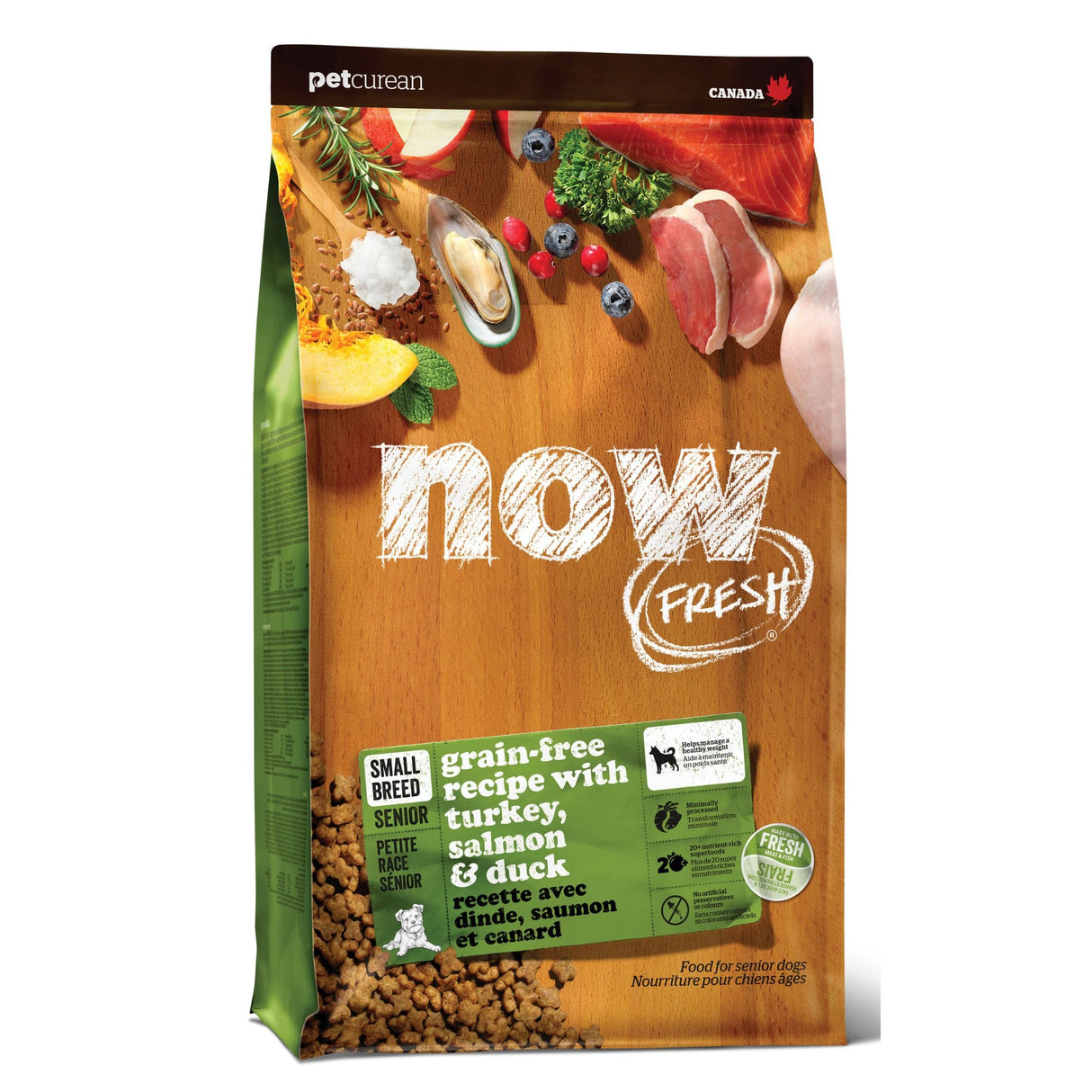 A front view of Now Fresh Grain Free Small Breed Senior Recipe Turkey, Salmon and Duck Dog Food on a white background