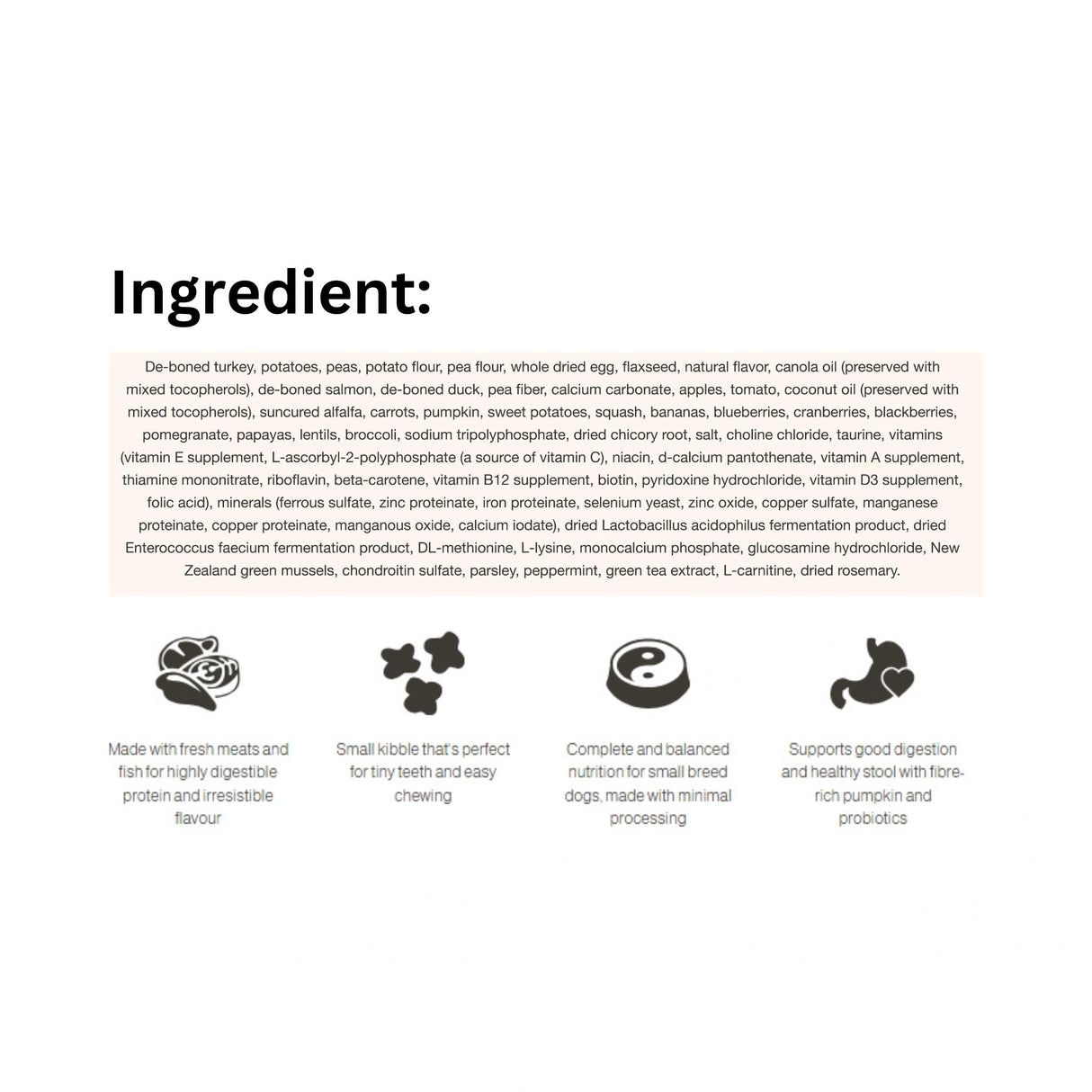 A visual list of ingredients of Now Fresh Grain Free Small Breed Senior Recipe Turkey, Salmon and Duck Dog Food, displayed with icons