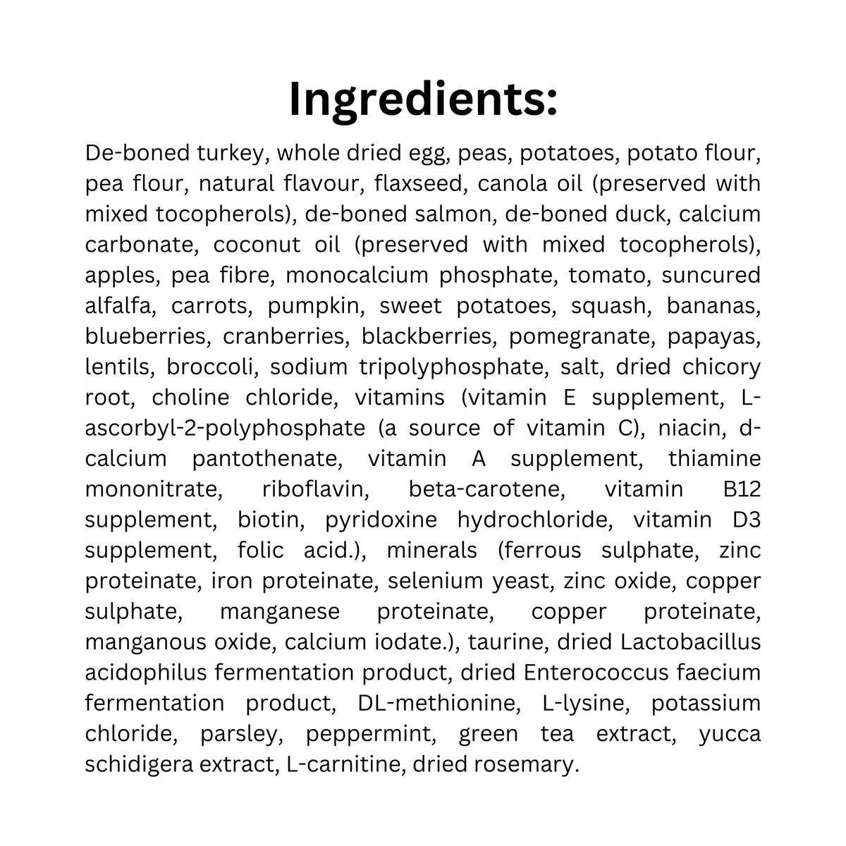 List of Ingredients of Now Fresh Small Breed Turkey, Salmon & Duck Dog Food