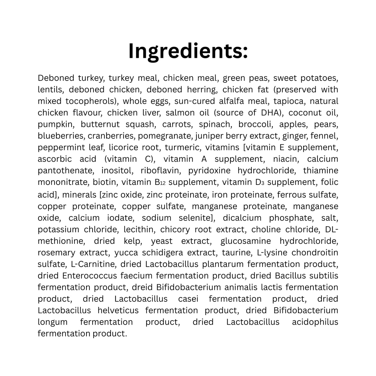 List of ingredients for Nutrience Grain Free Chicken, Turkey & Herring Dog Food