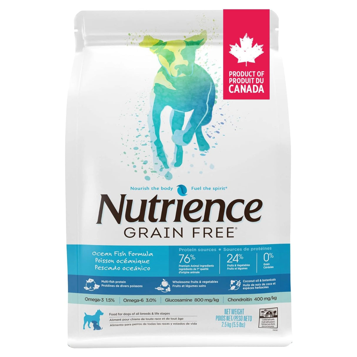 A front view of Nutrience grain free ocean fish dog food on a white background