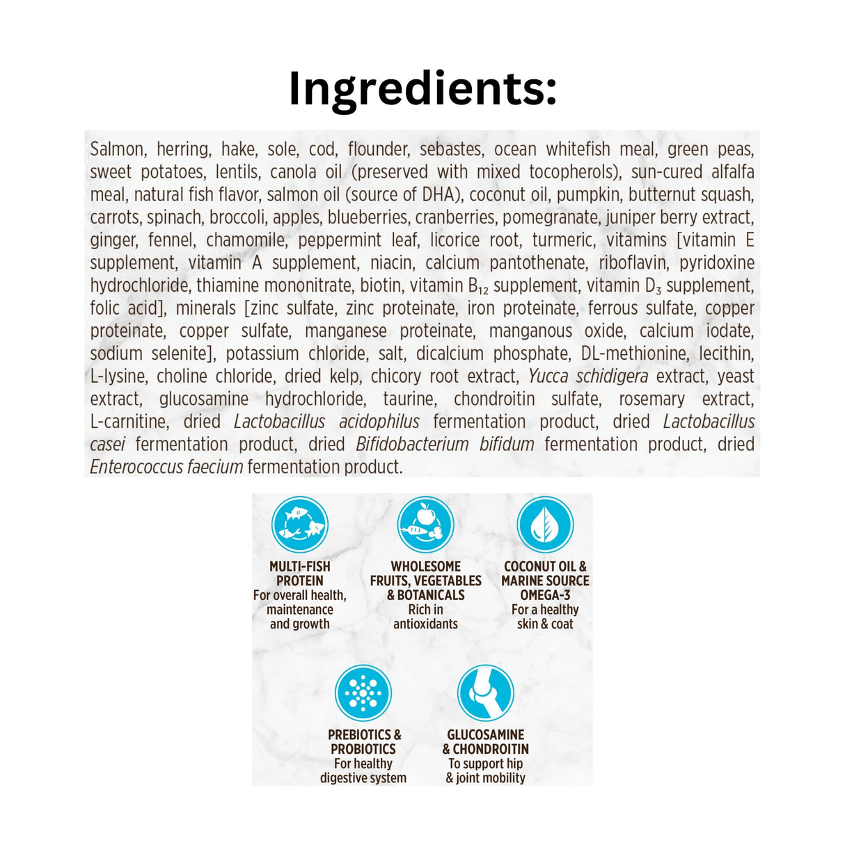 List of ingredients in Nutrience grain free ocean fish dog food with icons
