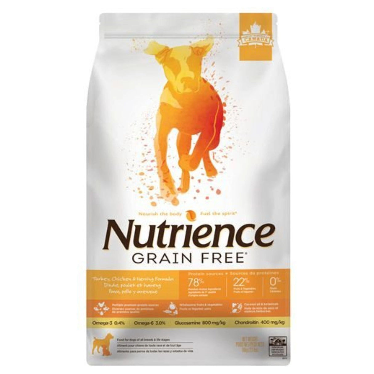 Front view of Nutrience Grain Free Turkey, Chicken and Herring Dog Food on a white background