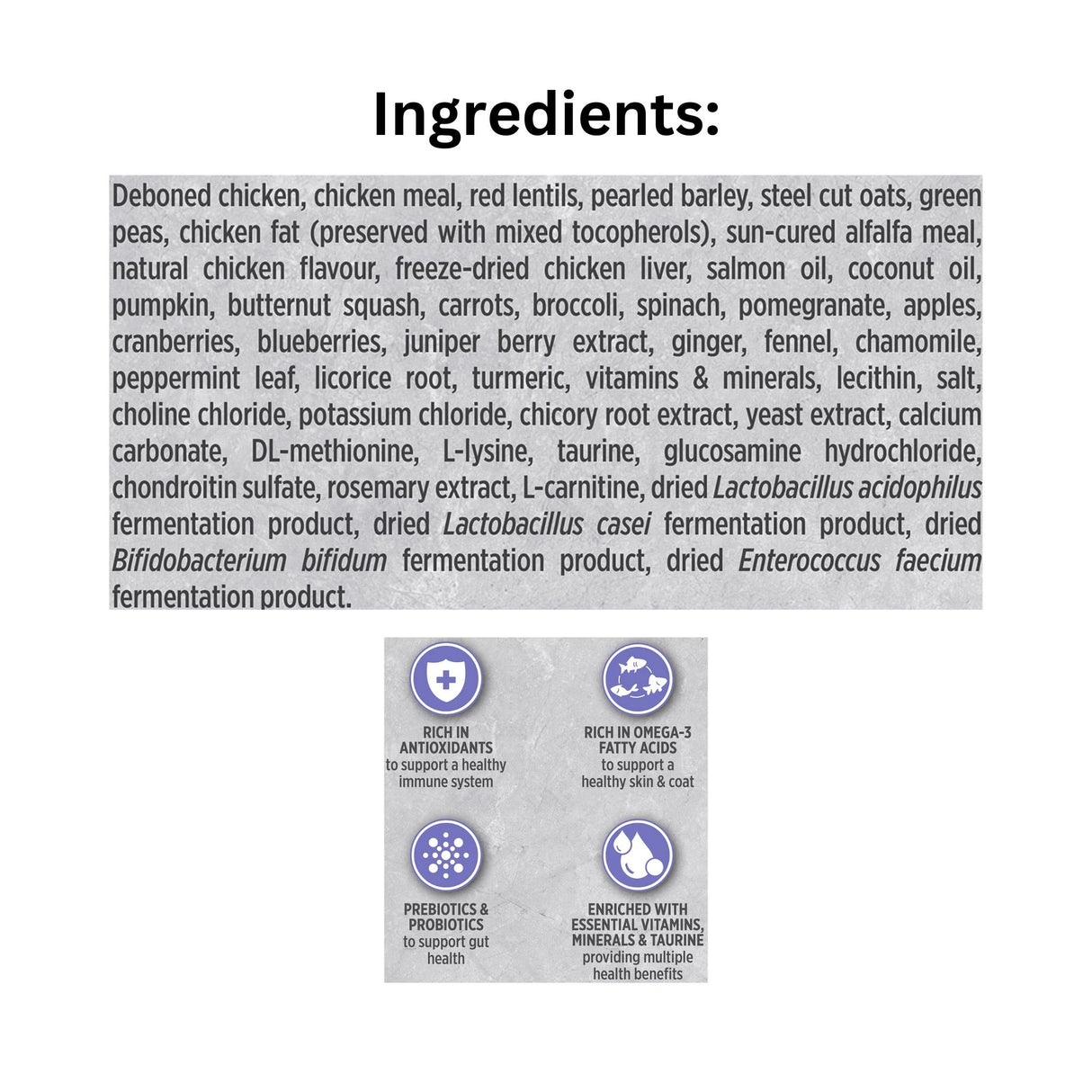 Ingredients list of Nutrience Infusion Adult Weight Control Chicken Cat Food with icons