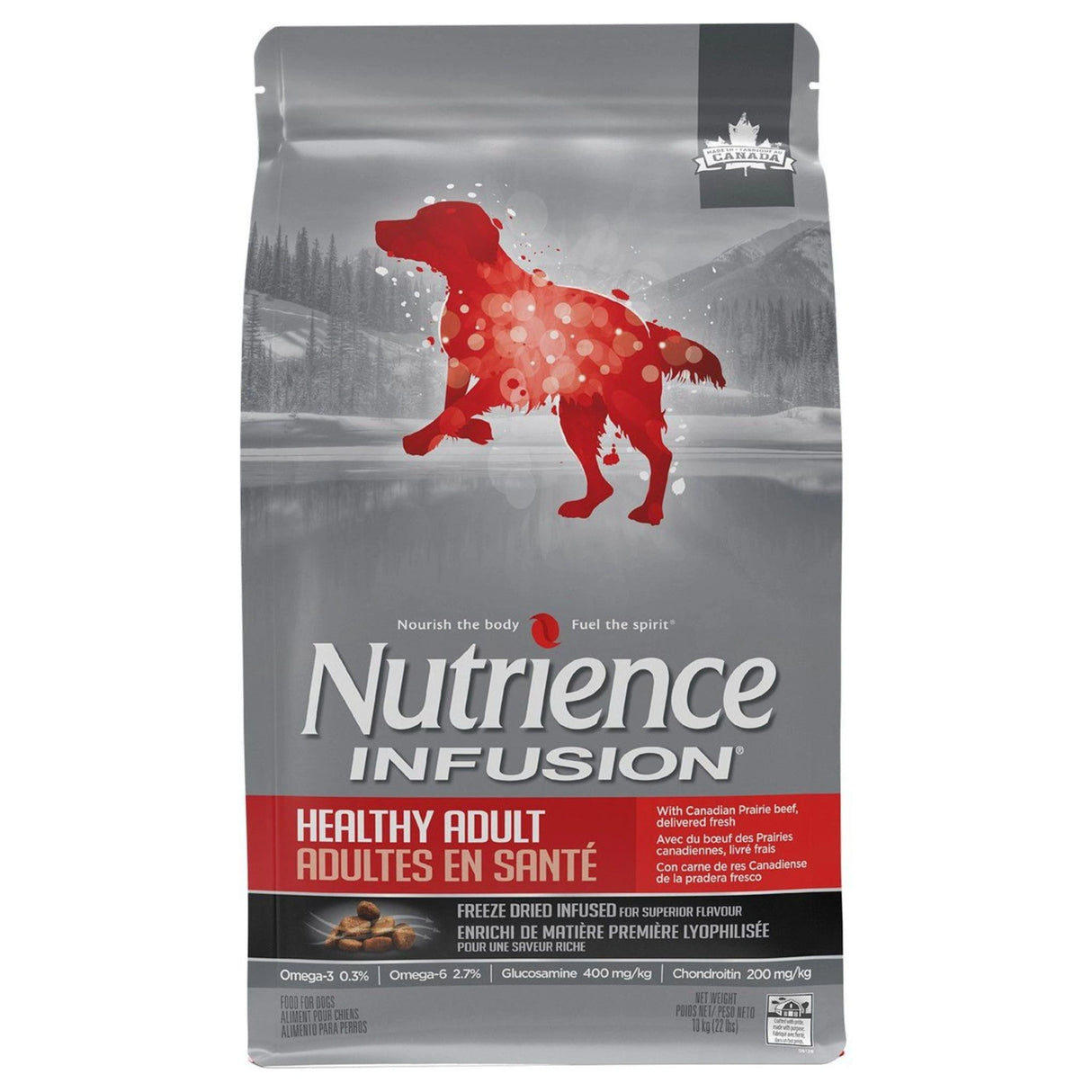 A front view of Nutrience Infusion Healthy Adult Beef Dog Food on a white background