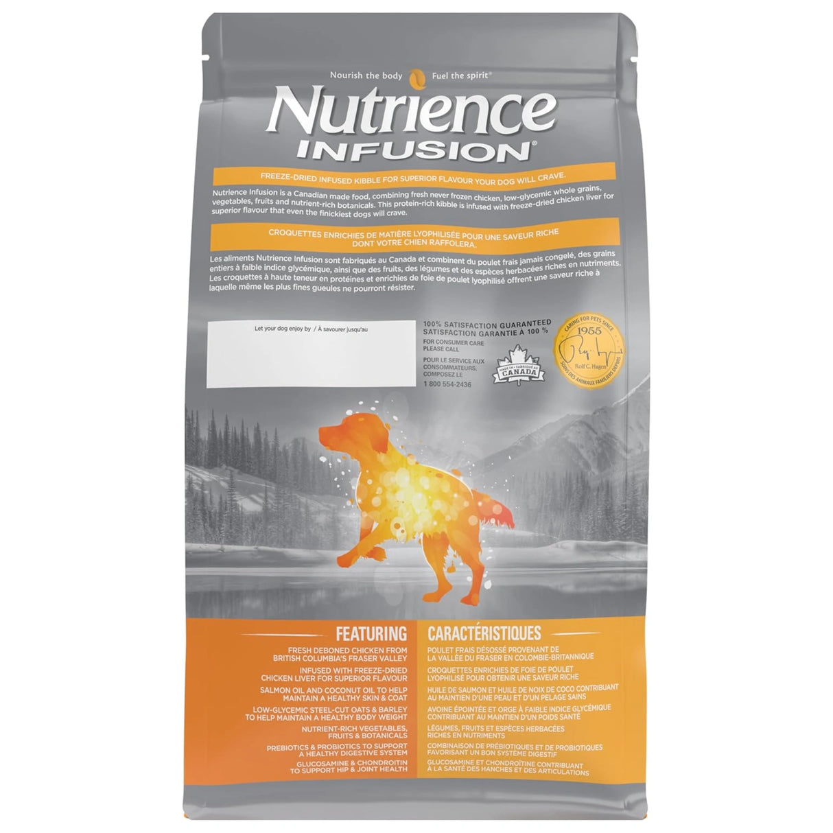 A back view of Nutrience Chicken Dog Food on a white background