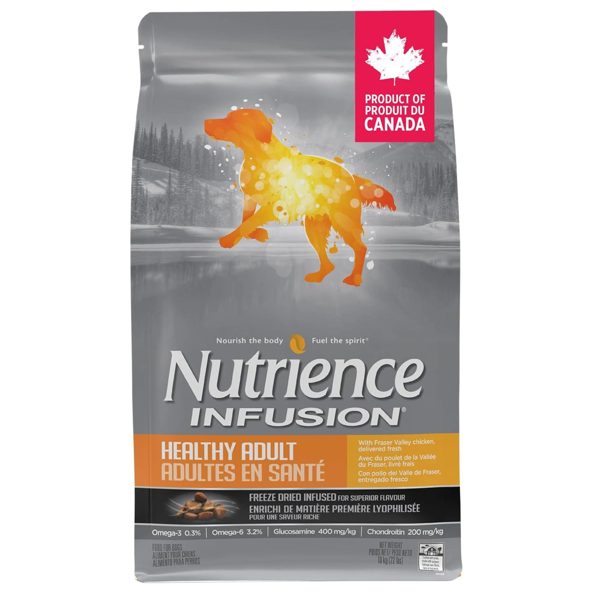 A front view of Nutrience Chicken Dog Food on a white background