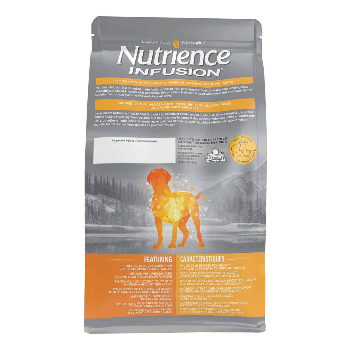 A back view of Nutrience Infusion Healthy Adult Large Breed Chicken Dog Food on a white background