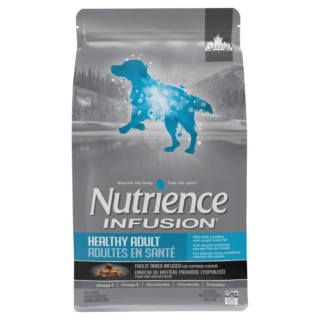 A front view of Nutrience dog food bag β Infusion Healthy Adult Ocean Fish β on a white background