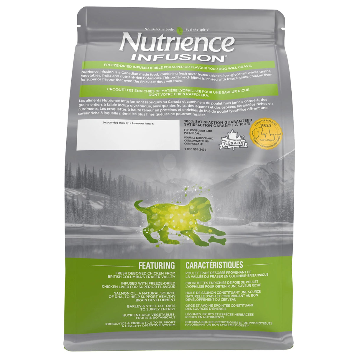 A back view of Nutrience Infusion Healthy Puppy Chicken Dog Food on a white background