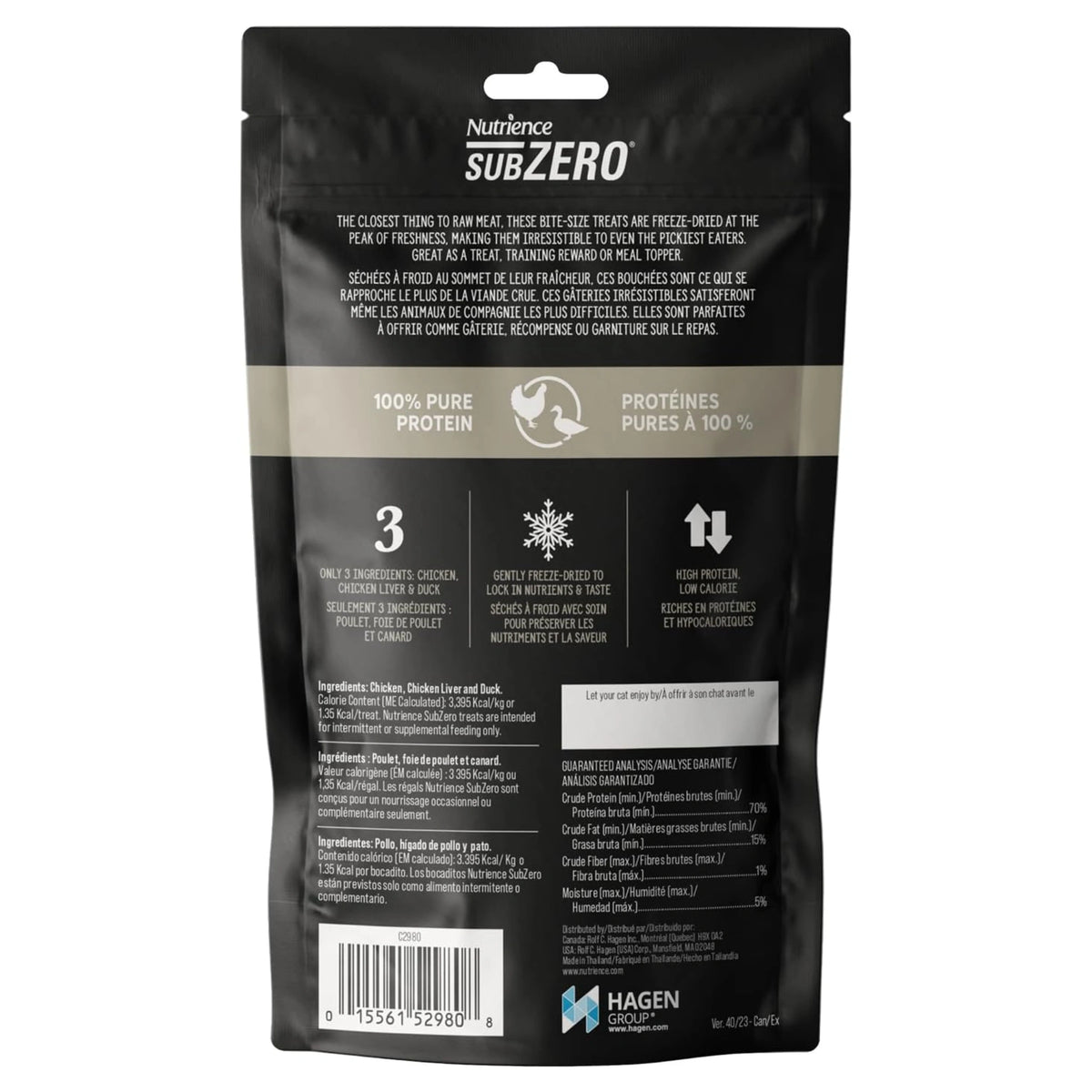 A back view of Nutrience SubZero freeze dried chicken duck cat treat bag on a white background