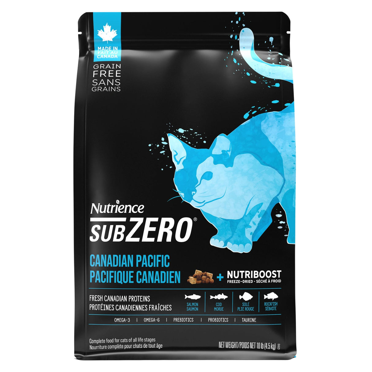 A front view of Nutrience SubZero Canadian Pacific Coast grain-free high protein cat food on a white background