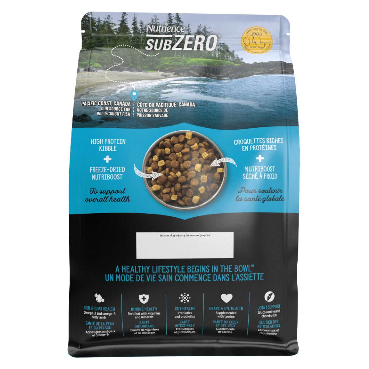 Back view of Nutrience SubZero Canadian Pacific grain-free high protein dog food showcasing product details on a white background