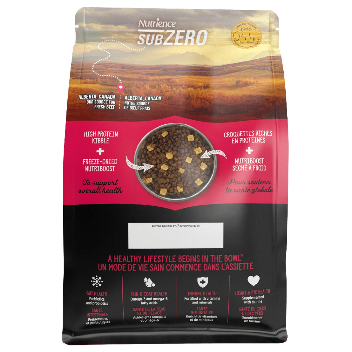 A back view of Nutrience SubZero Prairie Red grain-free high protein cat food on a white background