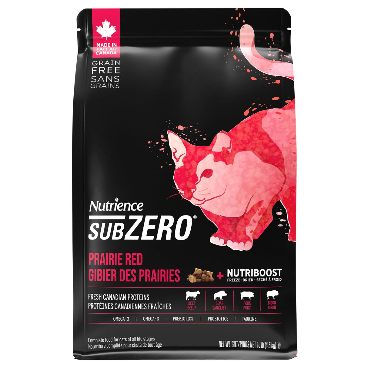 A Front view of Nutrience SubZero Prairie Red grain-free high protein cat food on a white background