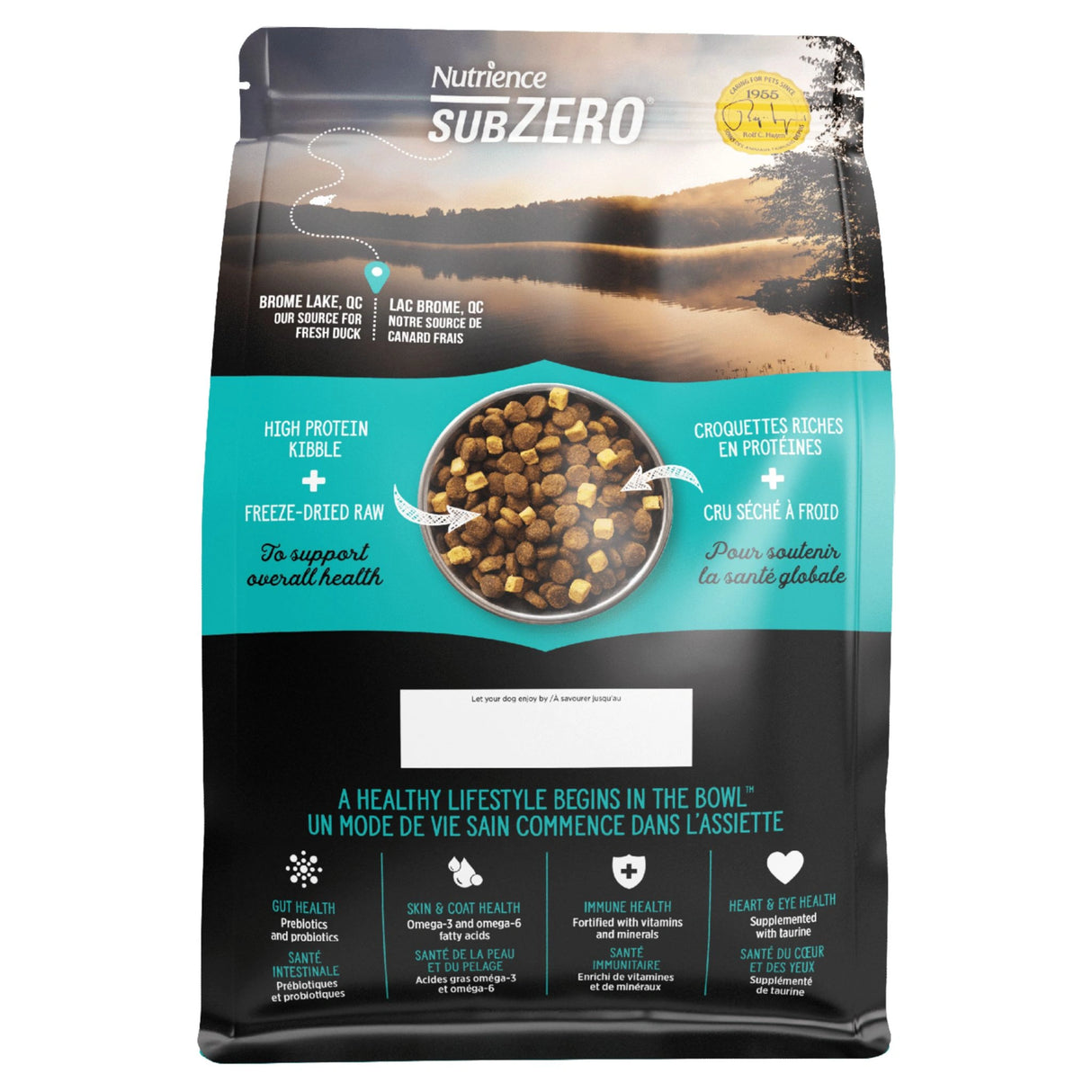 A back view of Nutrience SubZero Limited Ingredient Grain Free Duck and Pear Dog Food on a white background