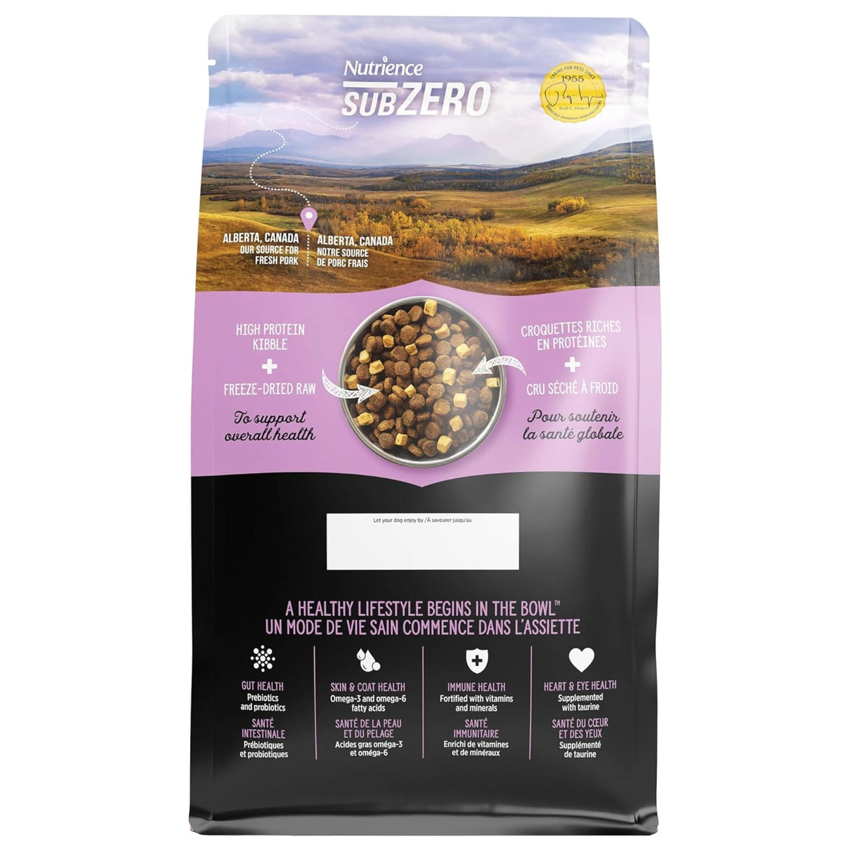 Back view of Nutrience SubZero Pork & Apple Dog Food on a white background