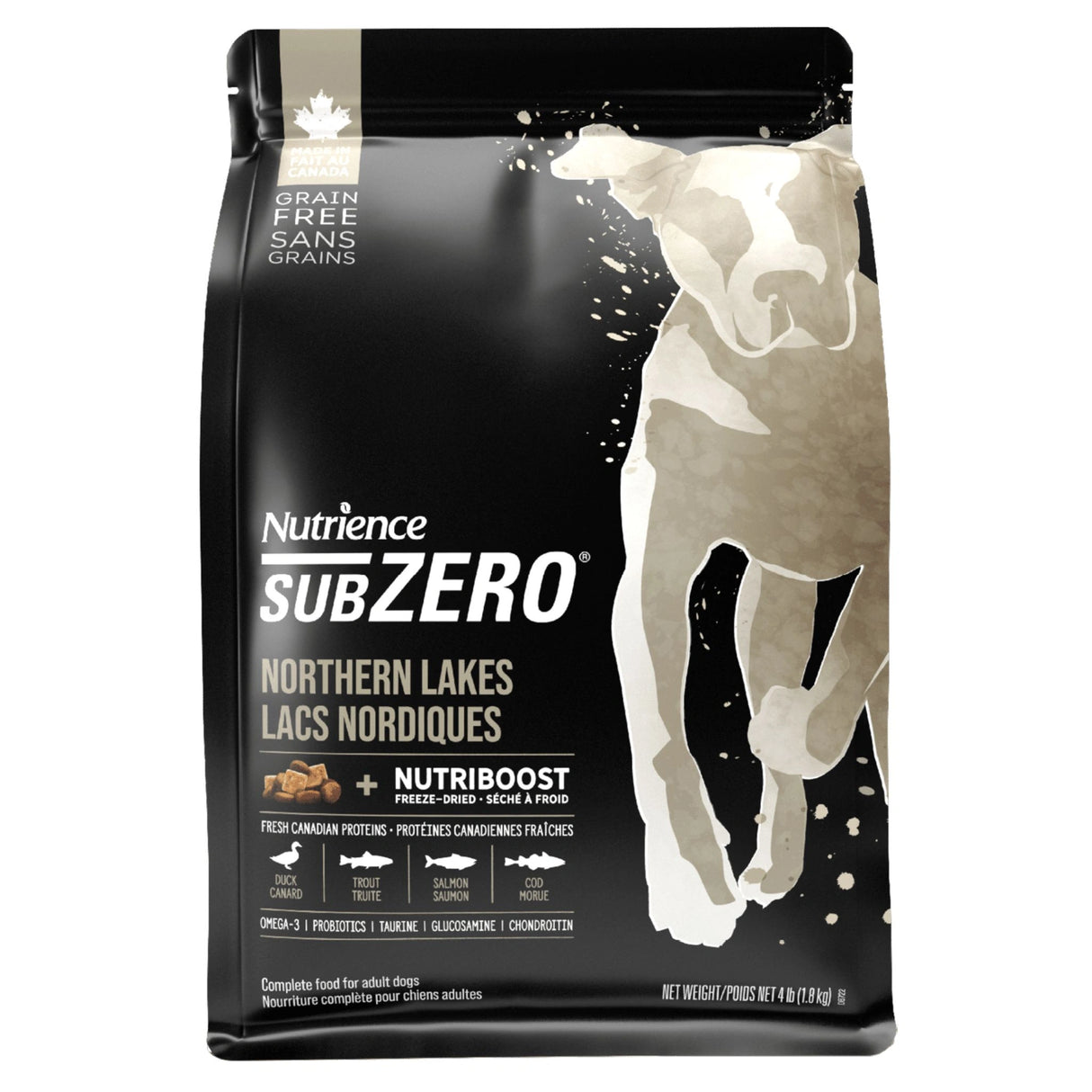 Front view of Nutrience SubZero Northern Lakes Grain-Free Fish and Duck Dog Food bag on a white background