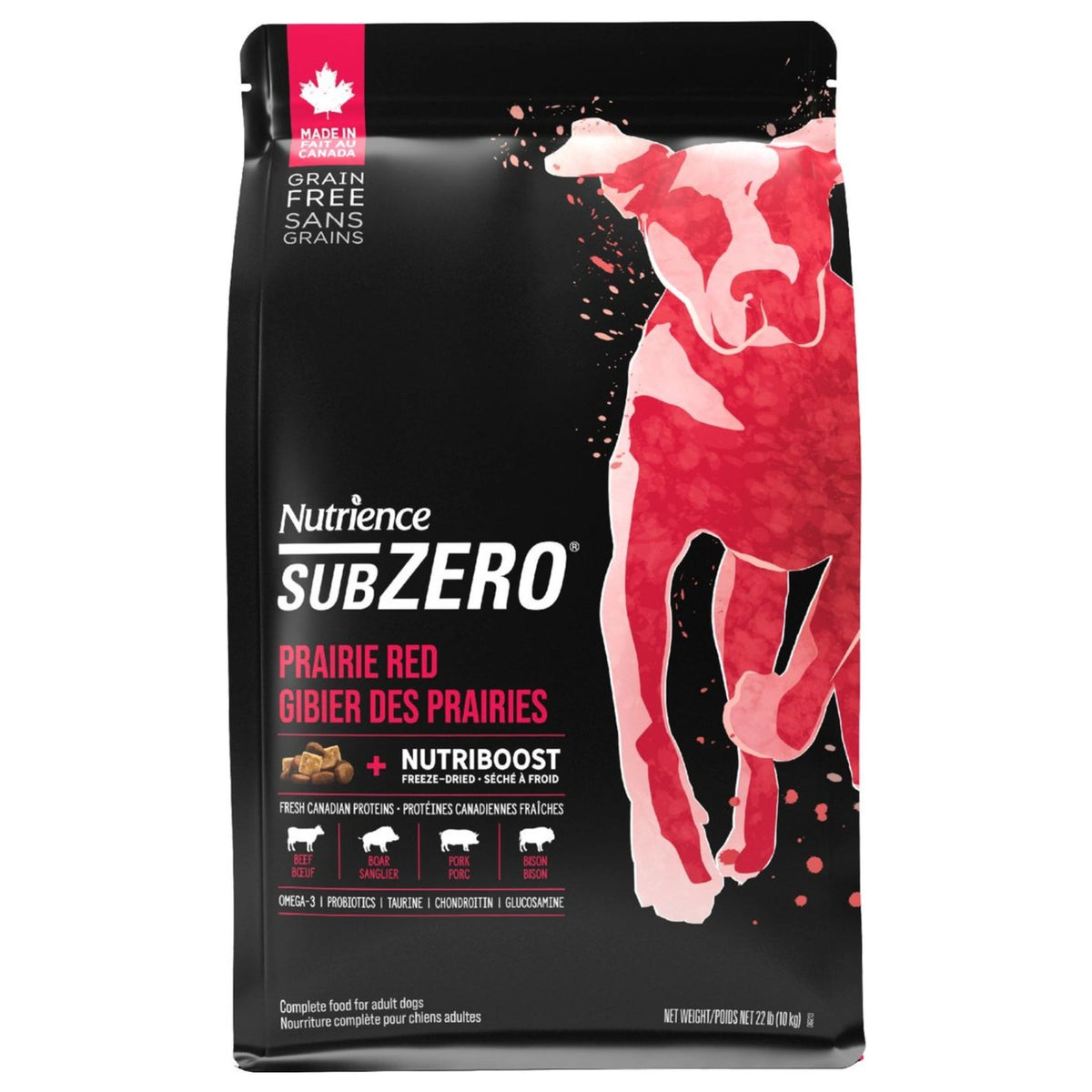 A front view of Nutrience SubZero Prairie Red High Protein Dog Food bag on a white background