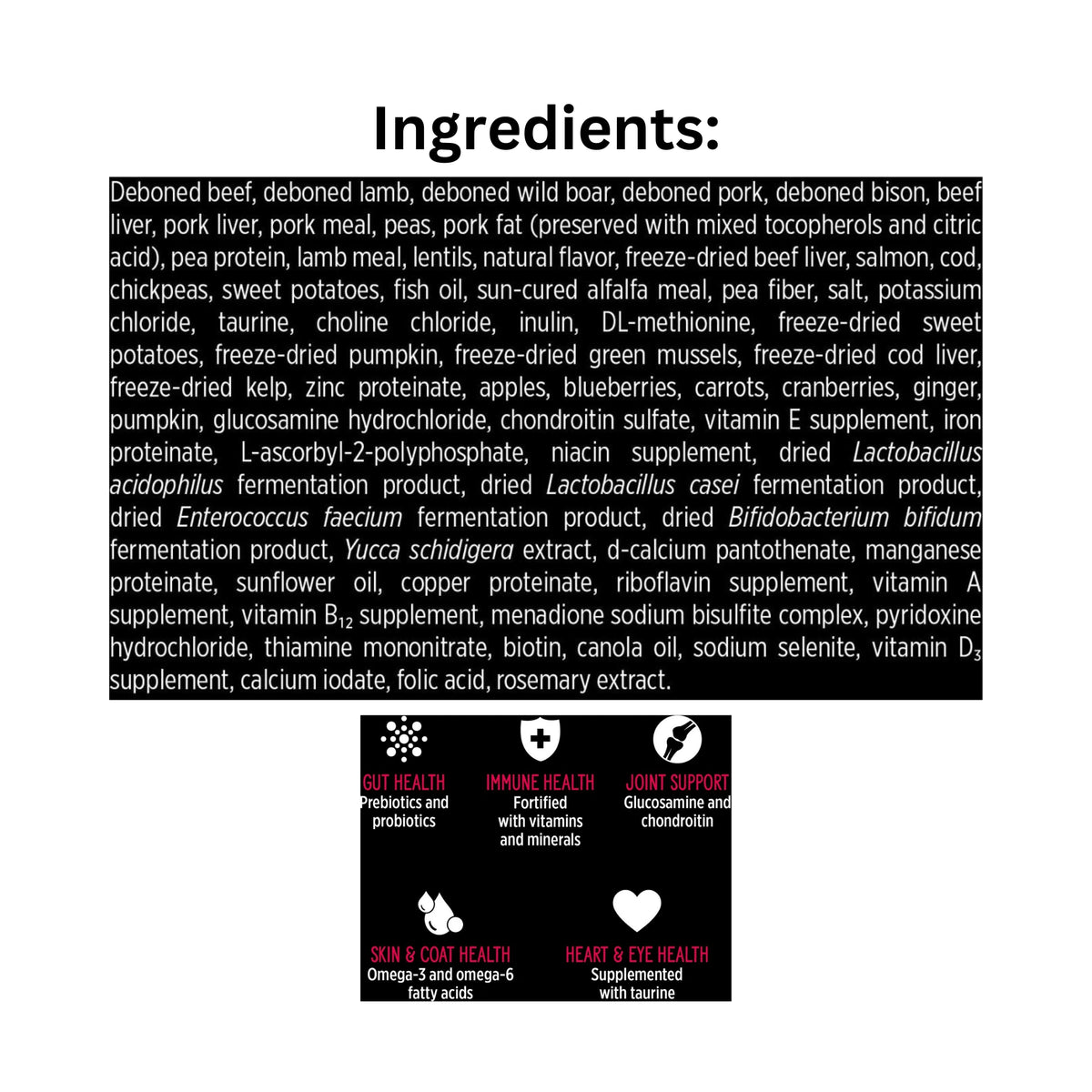 List of Ingredients of Nutrience SubZero Prairie Red High Protein Dog Food for pets with icons