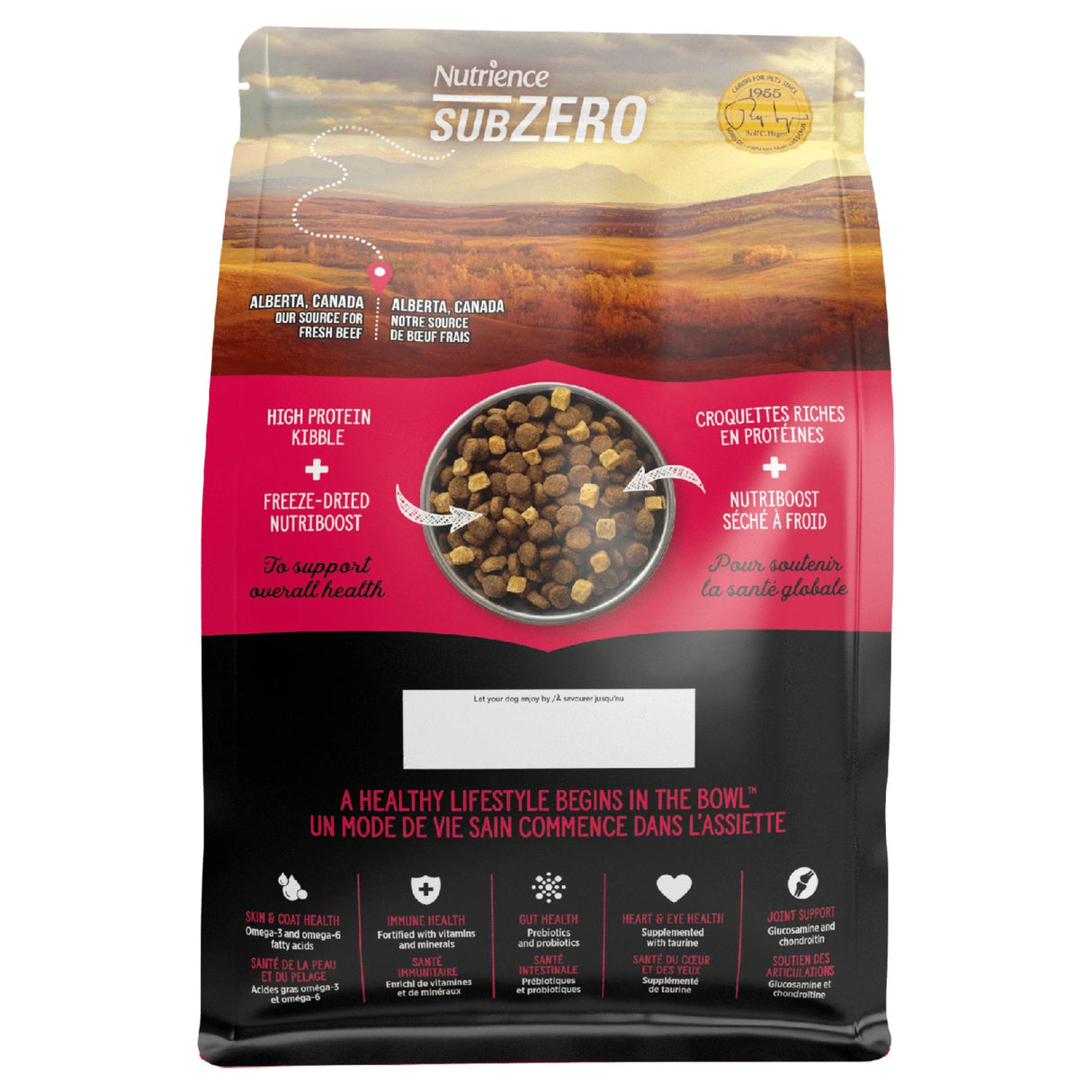 Back view of Nutrience SubZero Prairie Red grain-free high protein dog food packaging on a white background
