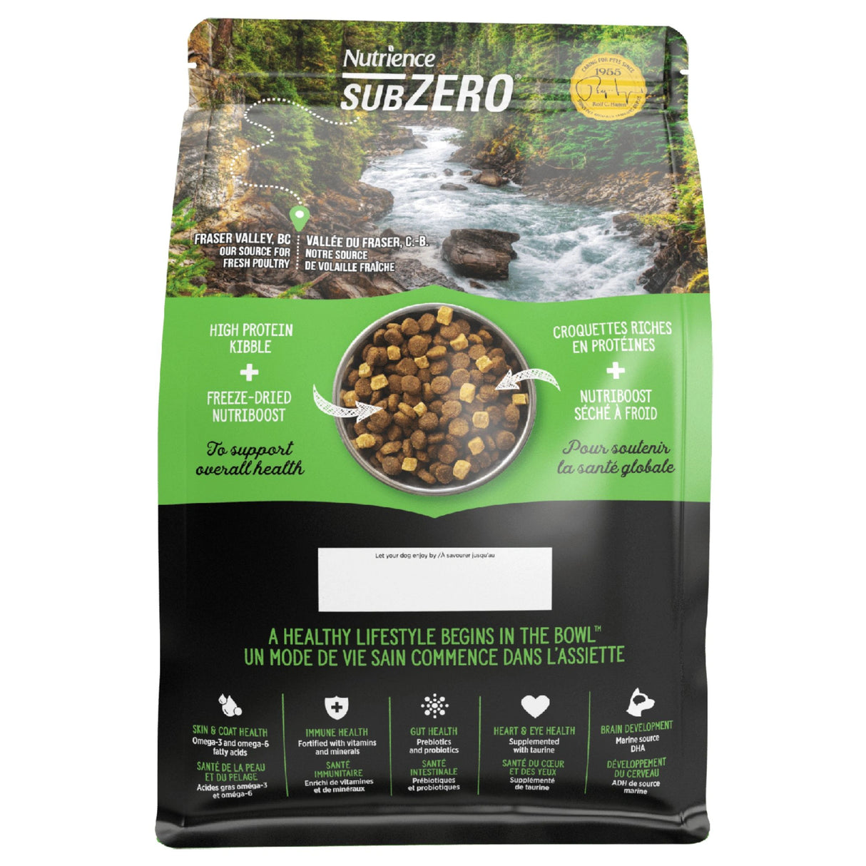 A back view of Nutrience dog food SubZero Fraser Valley Grain Free High Protein Puppy Dog Food on a white background