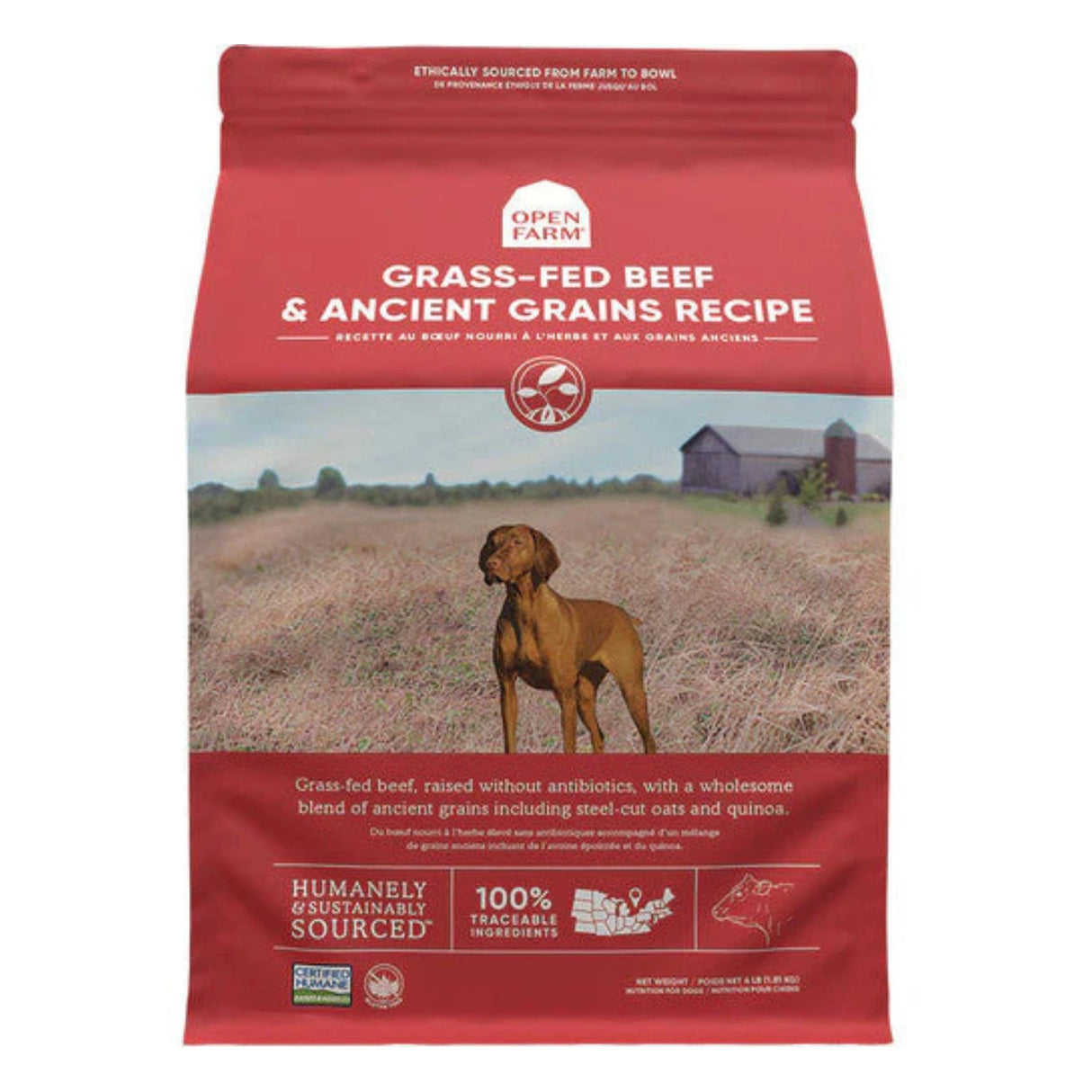 Front view of Open Farm Ancient Grains Beef Dog Food on a white background