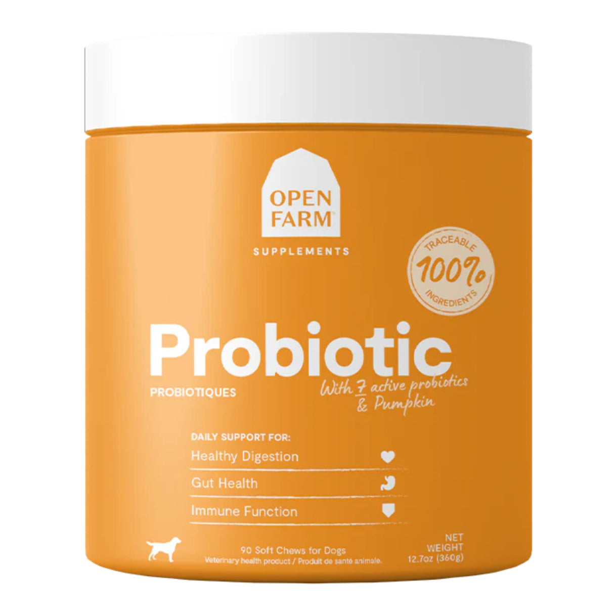 Front view of Open Farm Dog Supplement Probiotic 90 soft chews on a white background