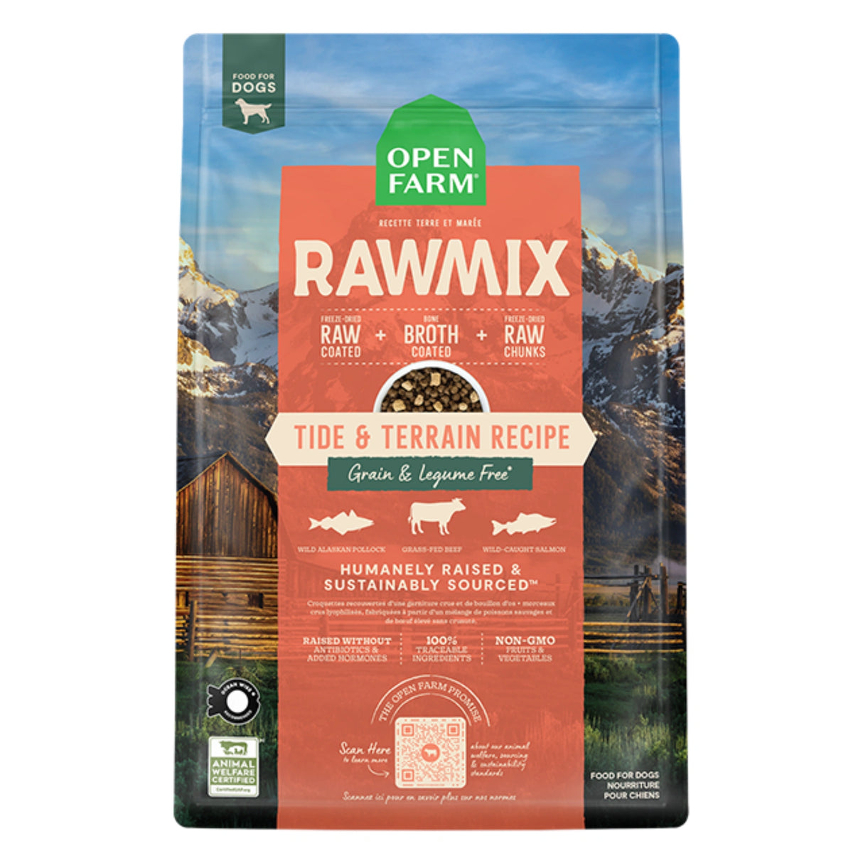 Front view of Open Farm RawMix Tide & Terrain Dog Food on a white background