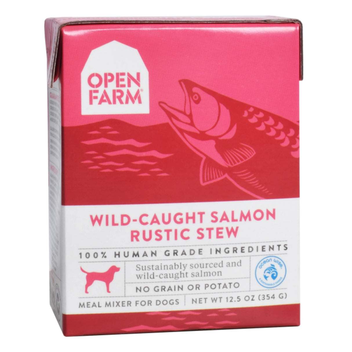 Front view of Open Farm salmon dog food rustic stew on a white background