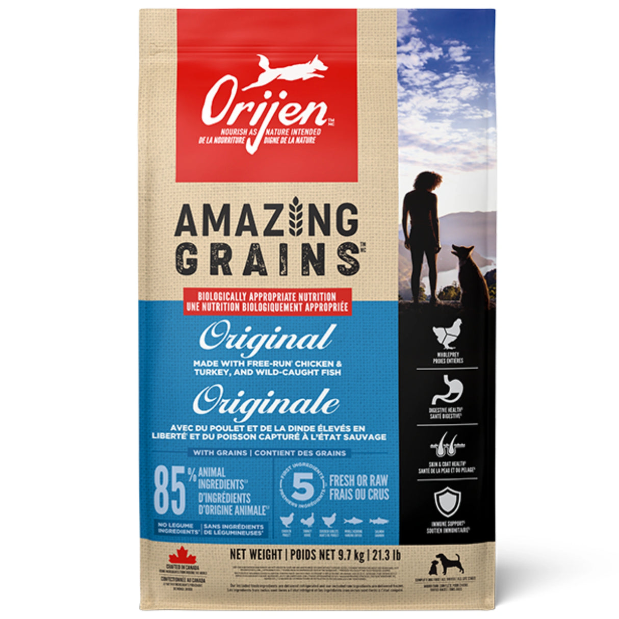 Front view of Orijen Amazing Grains Original Dog Food on a white background
