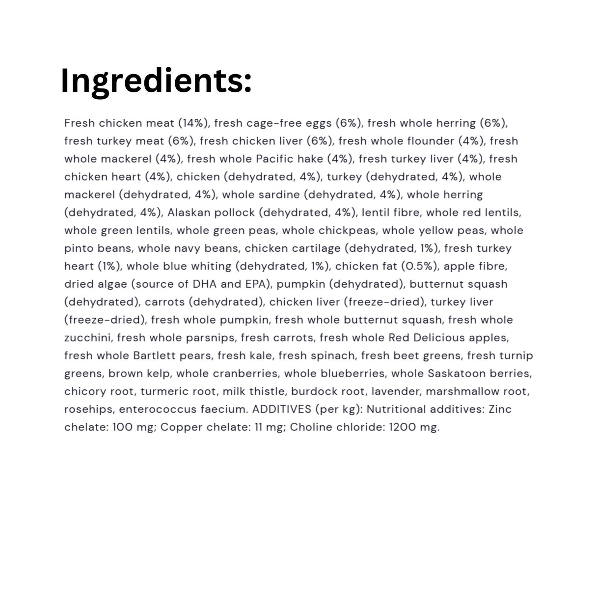 Ingredients list of Orijen Grain-Free Protein-Rich Recipes Kitten & Cat Food