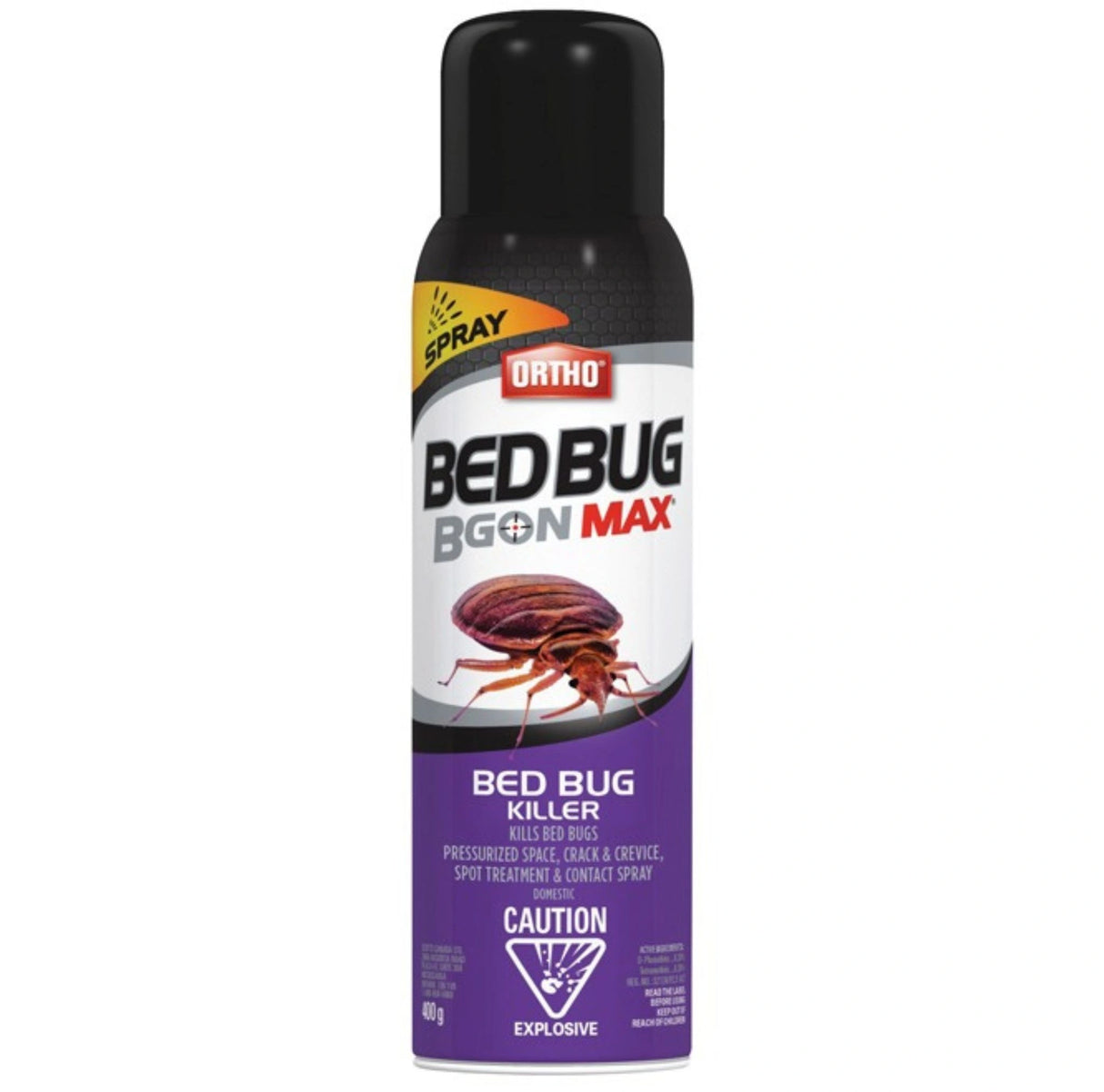Front view of Ortho Bed Bug B Gon MAX Bed Bug Killer Spray 400g insecticides on a white background
